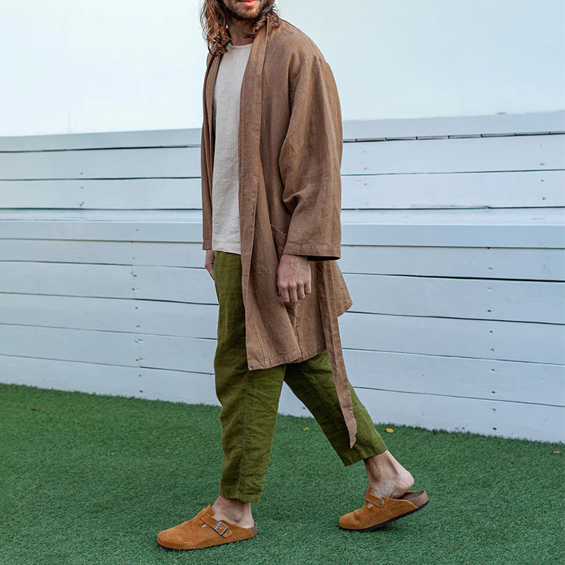 Men's Long Linen Kimono Coat in Relaxed Fit with Tie Belt Mune Fashion