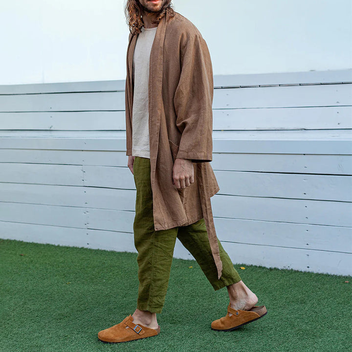 Men's Long Linen Kimono Coat in Relaxed Fit with Tie Belt Mune Fashion