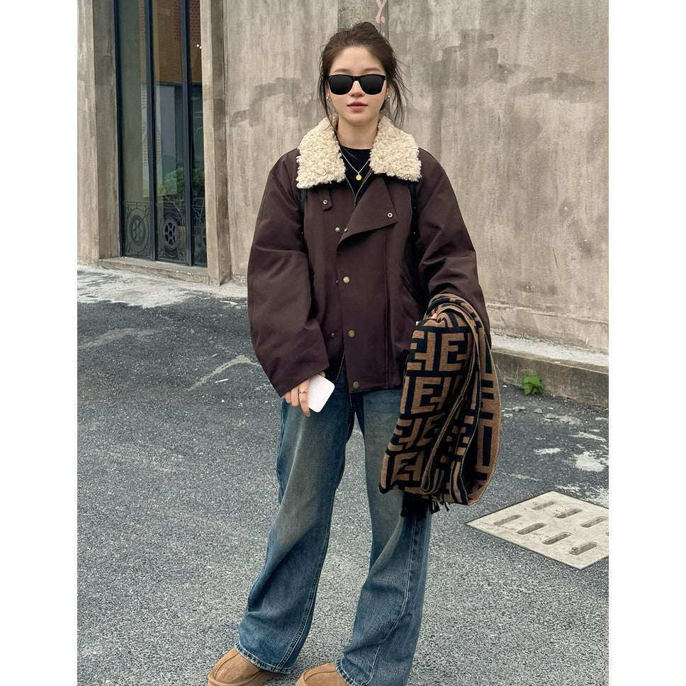 Ladies Short Oversize Boxy Jacket with Teddy Collar and Snap Button Closure Mune Fashion