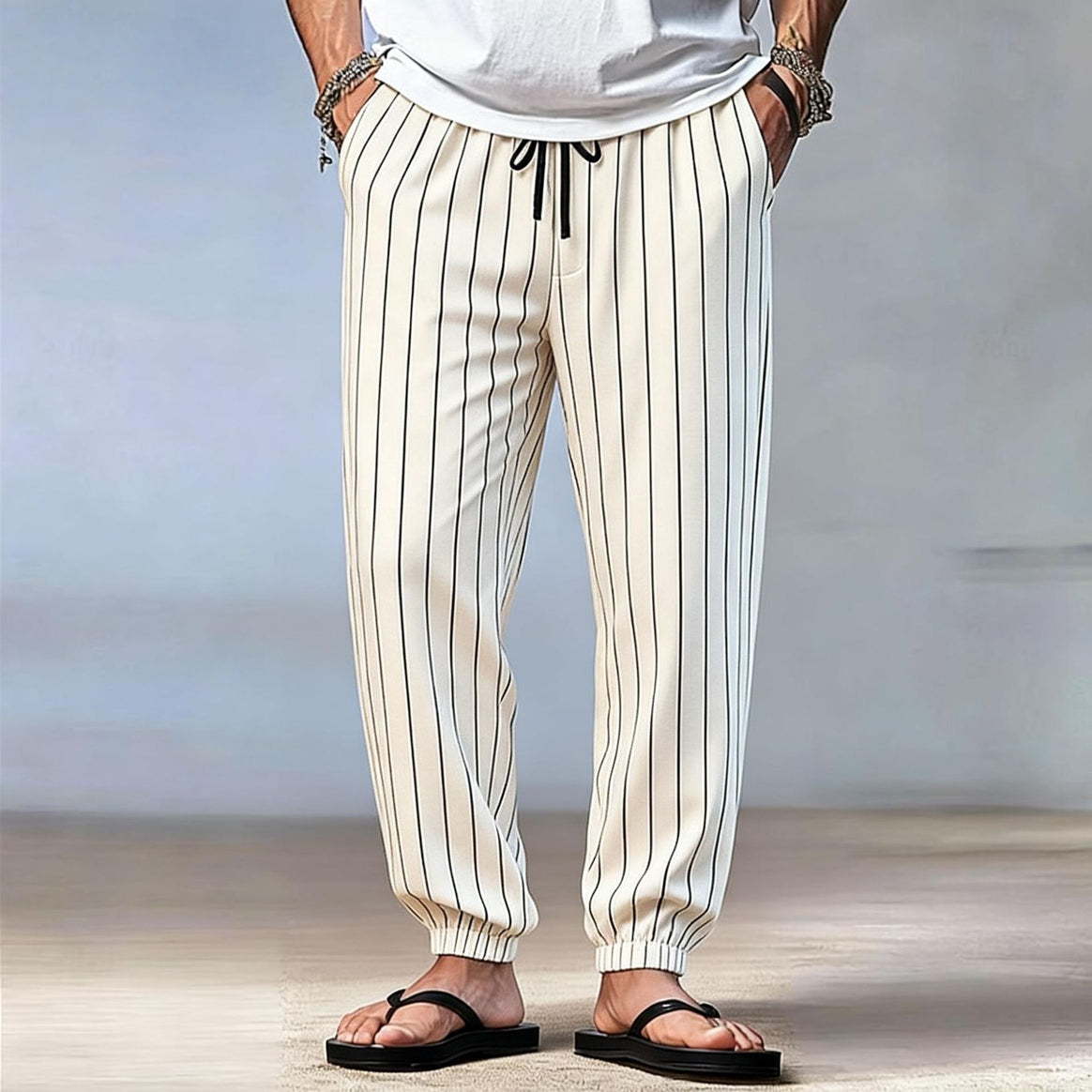 Men's striped jogger-chino with drawstring, crease and elastic ankle cuffs Mune Fashion