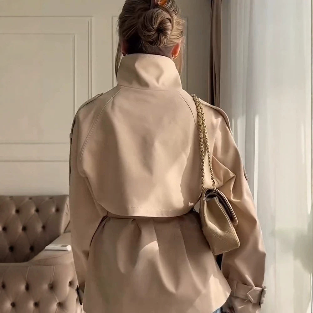 Women's Short Boxy Trench Coat with High Standing Collar, Double-Breasted Front & Waist Belt Mune Fashion