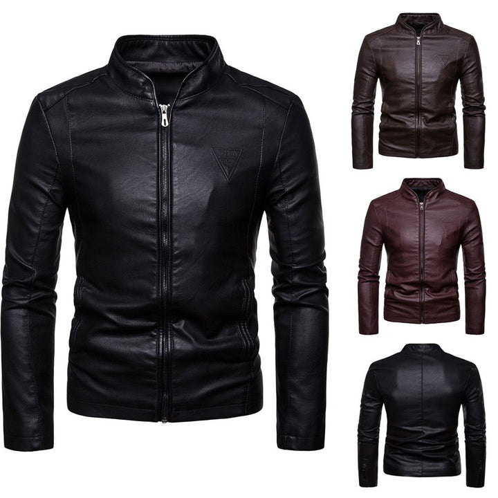 Men's Slim-Fit Faux Leather Jacket in Biker Style with Stand Collar and Front Zipper Mune Fashion
