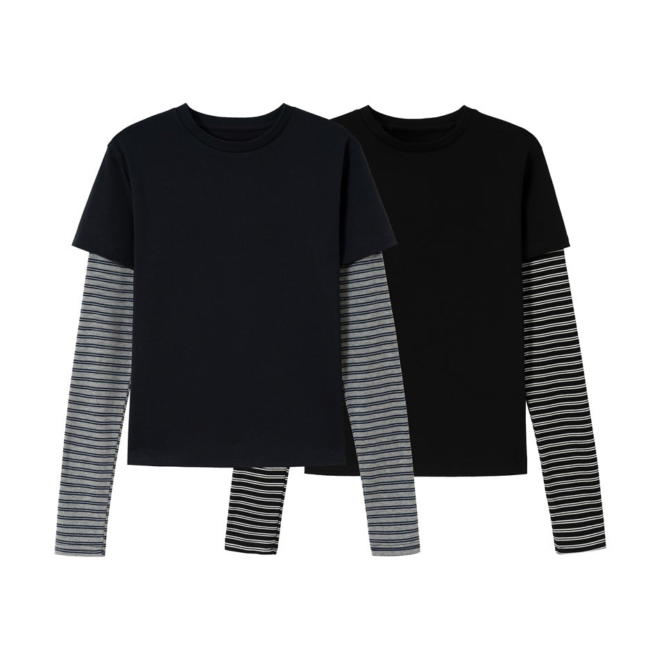 Unisex Layering-Long Sleeve Shirt with Striped Insert Sleeves and Short Sleeve Overlay Mune Fashion