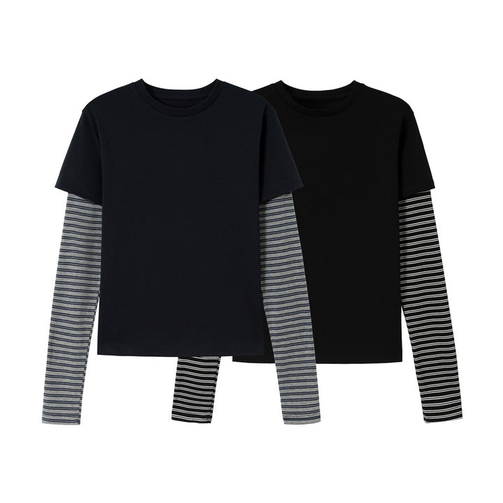 Unisex Layering-Long Sleeve Shirt with Striped Insert Sleeves and Short Sleeve Overlay Mune Fashion