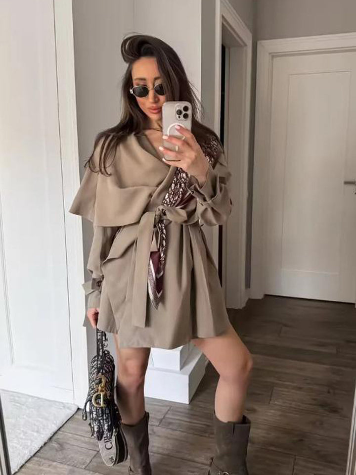 Women's Short Asymmetrical Wrap Coat with Ruffle Overlay and Tie Belt Mune Fashion