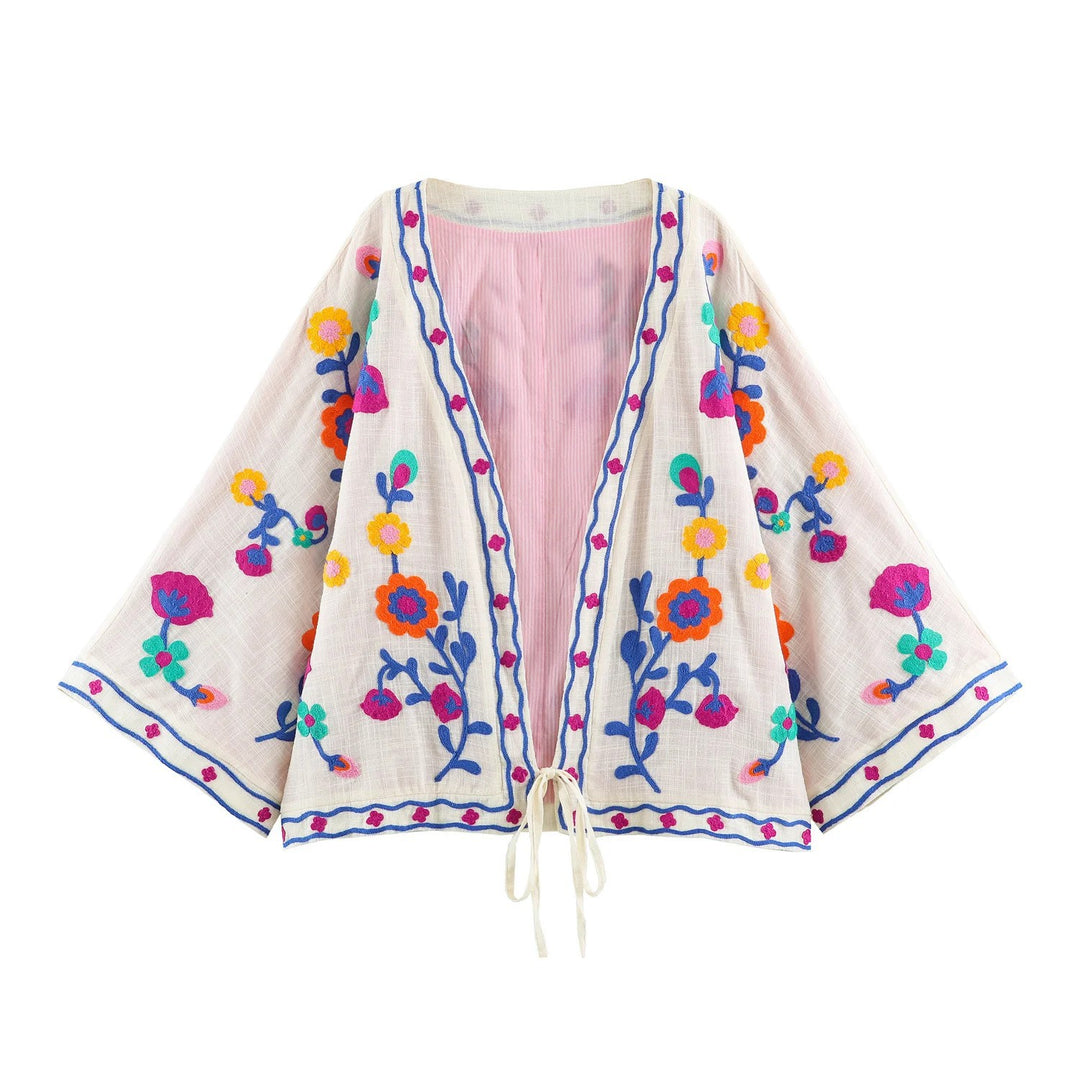 Women Lightweight Embroidered Kimono Cardigan with Floral Applique and Tie Band Mune Fashion