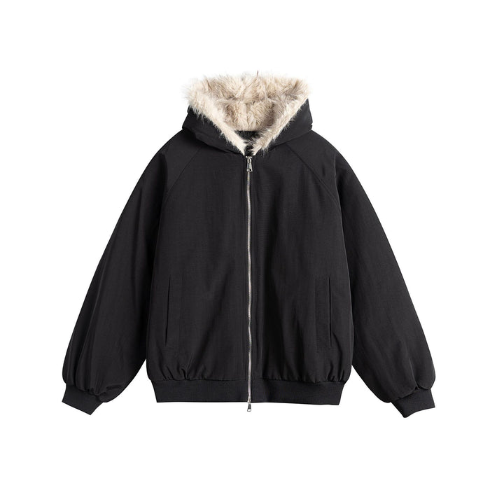Women Oversized Bomber Jacket with Faux Fur Lined Hood and Raglan Sleeves Mune Fashion