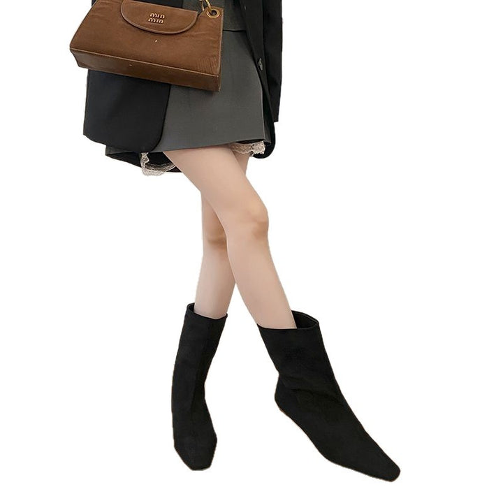 Women's midi ankle boots with pointed toe shape, suede look and sleek wedge heel Mune Fashion