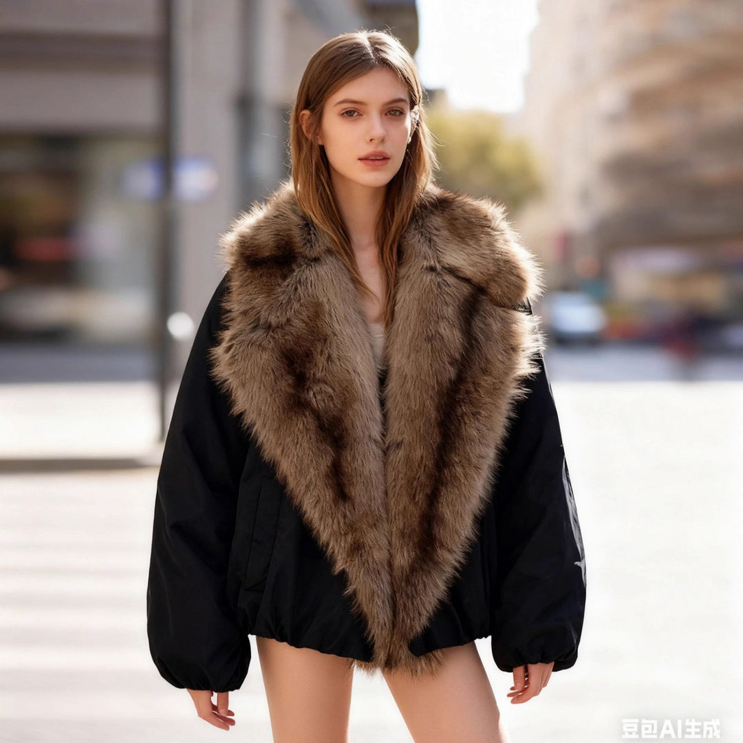 Ladies Short Quilted Bomber Jacket with Voluminous Faux Fur Shawl Collar Mune Fashion