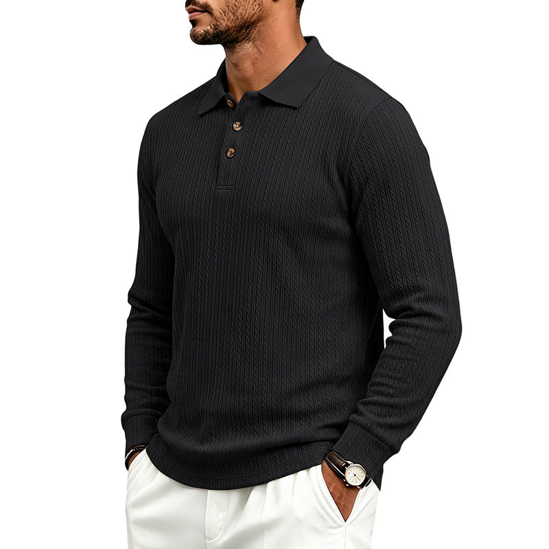 Men's Structured Long Sleeve Polo in Fine Knit with Cable Pattern and Button Placket Mune Fashion