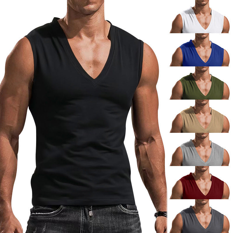 Men's sleeveless muscle shirt with deep V-neck made of stretchy jersey and close-fitting design Mune Fashion