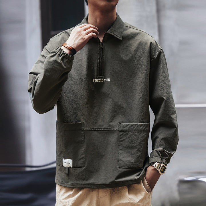 Men's utility half-zip pullover with shirt collar and kangaroo pockets Mune Fashion