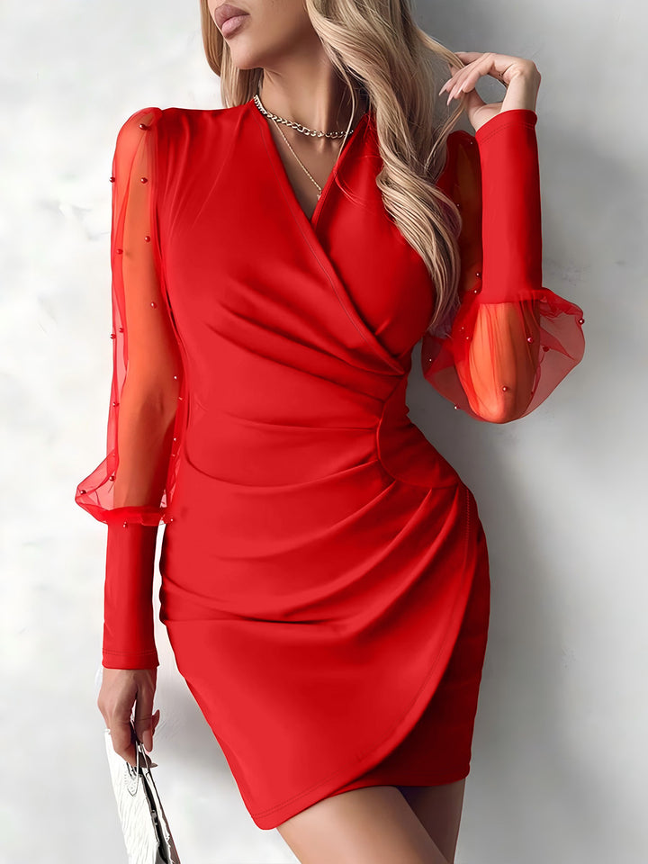 Women's Wrap Sheath Dress with Beaded Chiffon Sleeves Drune
