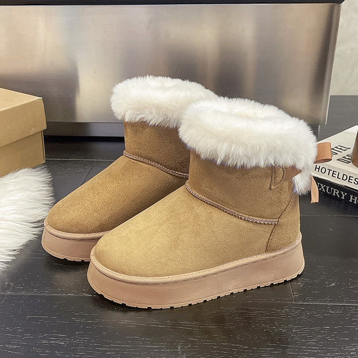 Women's Padded Short Boots with Faux Fur Cuff, Slip-Resistant Platform Sole and Bow Detail Mune Fashion
