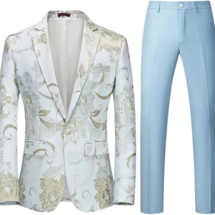 Women's Two-Piece Satin Jacquard Blazer with Floral Pattern and Tailored Fit as well as Slim Fit Suit Pants Mune Fashion