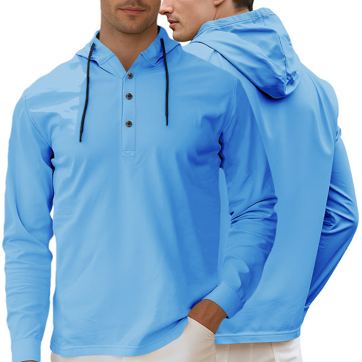 Men's Hooded Henley Long Sleeve Shirt made of lightweight stretch jersey with drawstring Mune Fashion