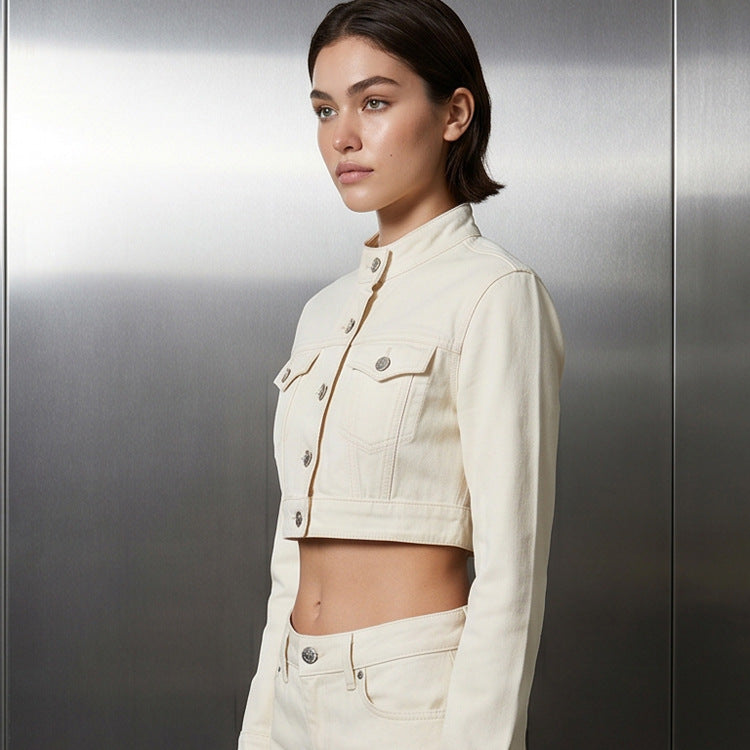 Women Short Cut Cropped Denim Jacket with Stand-up Collar, Chest Pockets and Extended Cuffs Mune Fashion