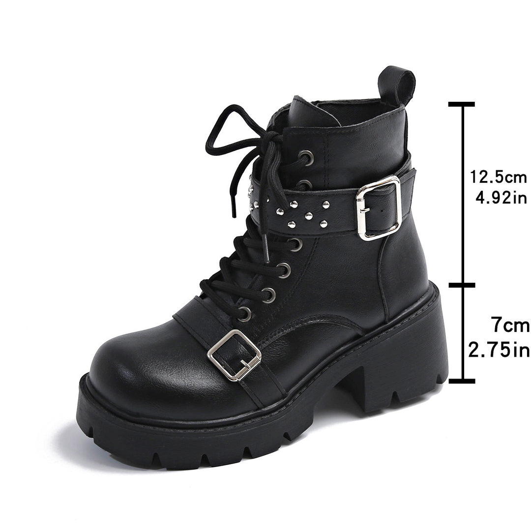 Women's rugged lace-up biker boots with decorative studded straps, side zipper, and textured platform sole Mune Fashion