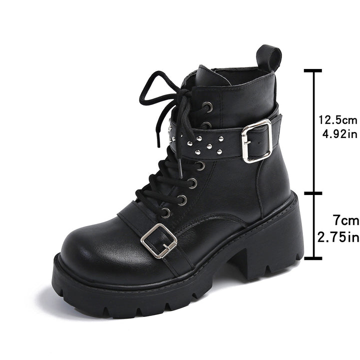 Women's rugged lace-up biker boots with decorative studded straps, side zipper, and textured platform sole Mune Fashion