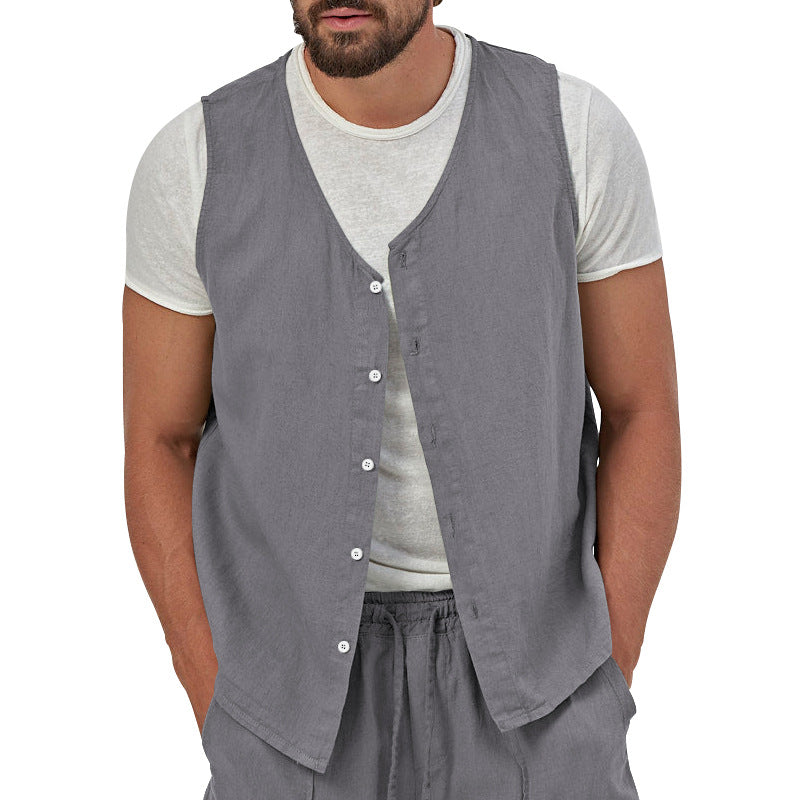 Men's casual sleeveless shirt waistcoat made of linen-cotton blend with V-neck and full button placket Mune Fashion
