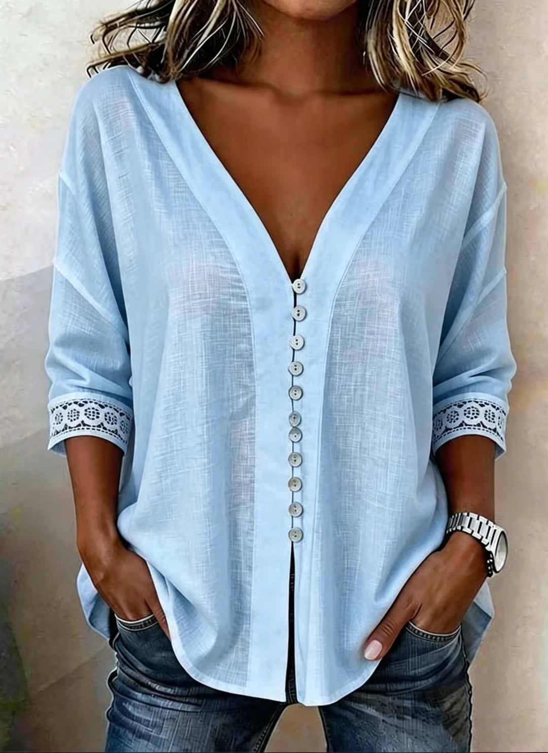 Ladies Light V-Neck Blouse with Decorative Button Placket and Lace Trim Sleeves Mune Fashion