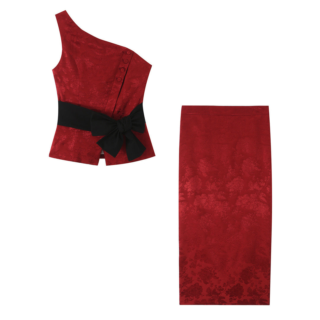 Women's One-Shoulder Jacquard Top with Waistband and Decorative Bow Mune Fashion