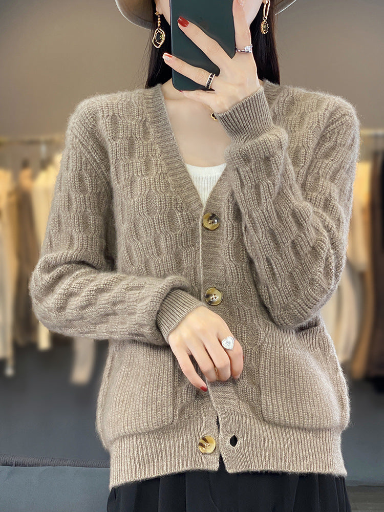 Women's Soft Angora-Look Cable Knit Cardigan with V-Neck and Patch Pockets Mune Fashion