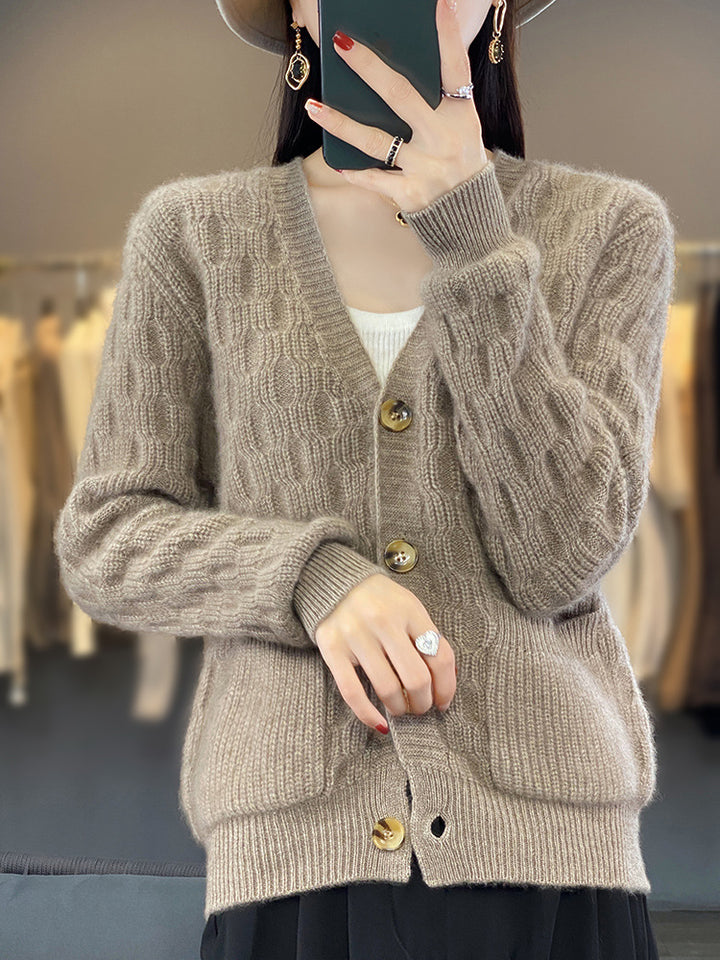 Women's Soft Angora-Look Cable Knit Cardigan with V-Neck and Patch Pockets Mune Fashion