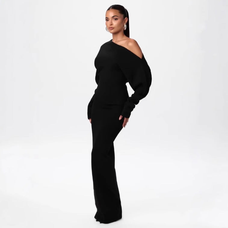 Women's One-Shoulder Maxi Knit Dress with Oversized Sleeves Mune Fashion