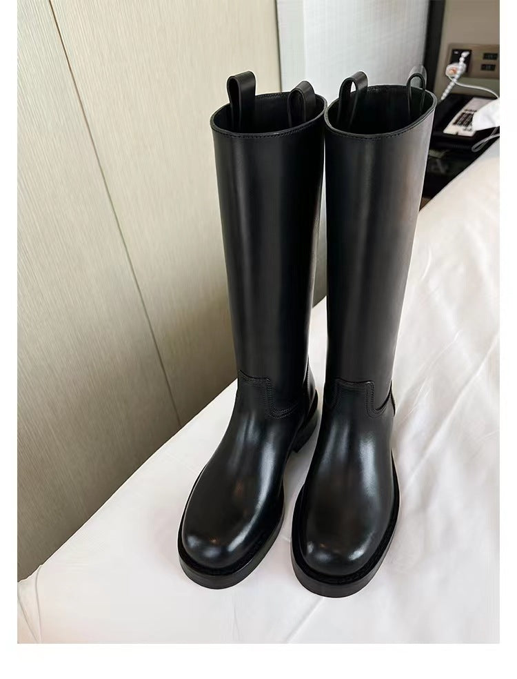 Ladies Knee-High Smooth Leather Boots with Round Toe and Robust Platform Sole Mune Fashion