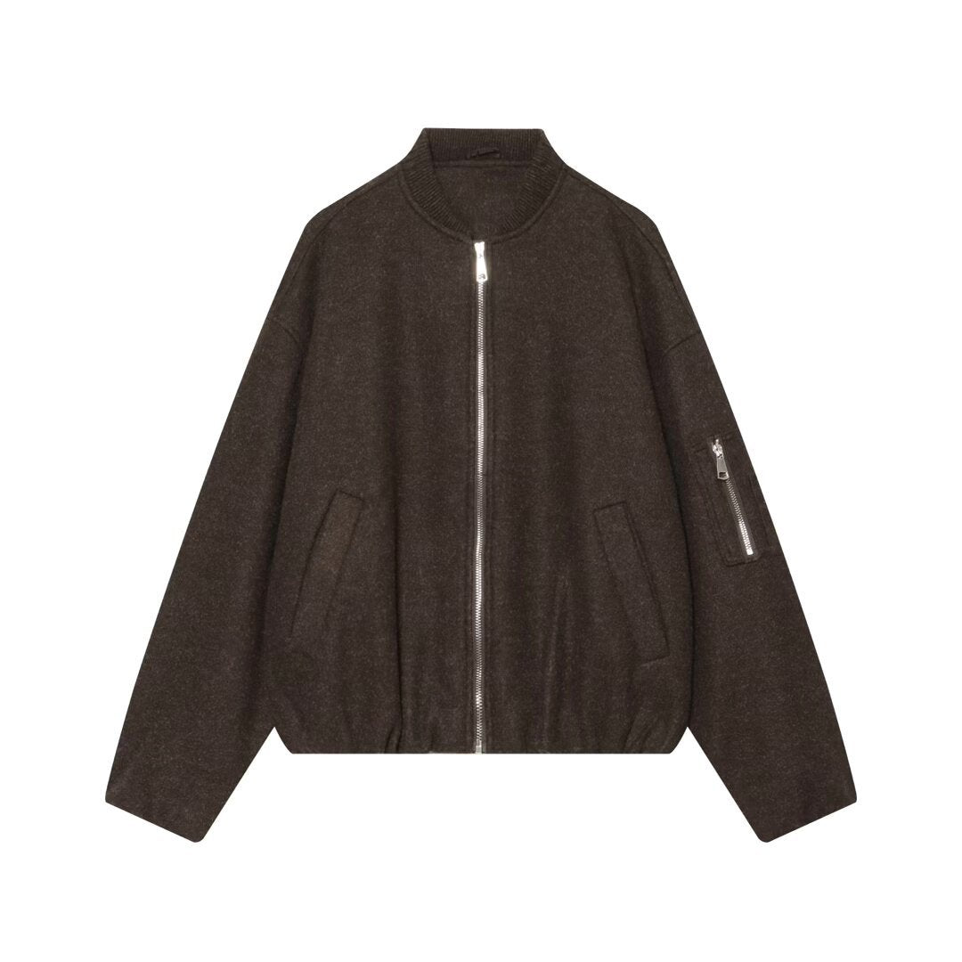 Women's Wool Blend Bomber Jacket in Oversized Boxy Cut with Zipper and Arm Pocket Mune Fashion