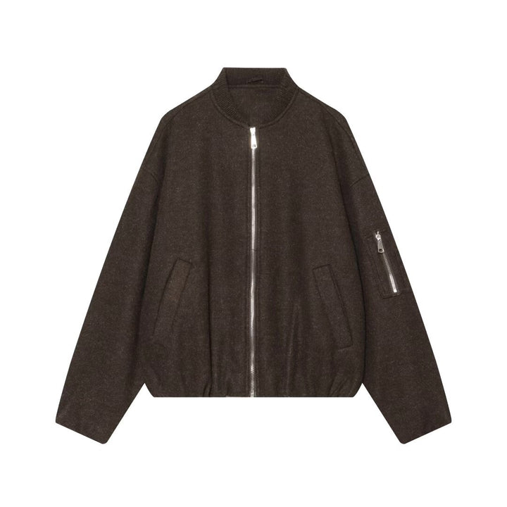 Women's Wool Blend Bomber Jacket in Oversized Boxy Cut with Zipper and Arm Pocket Mune Fashion