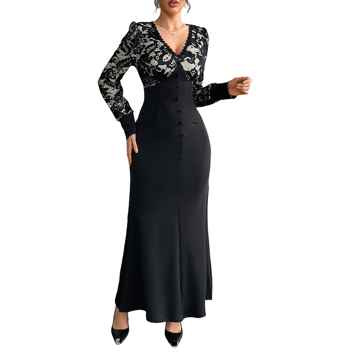 Women Figure-hugging Maxi Dress with Lace Top, V-Neck and Decorative Button Placket Mune Fashion