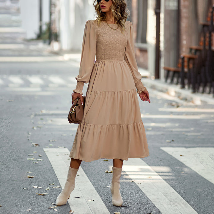 Ladies' gathered midi dress with smocked top, balloon-shaped sleeves, and tiered ruffle skirt Mune Fashion