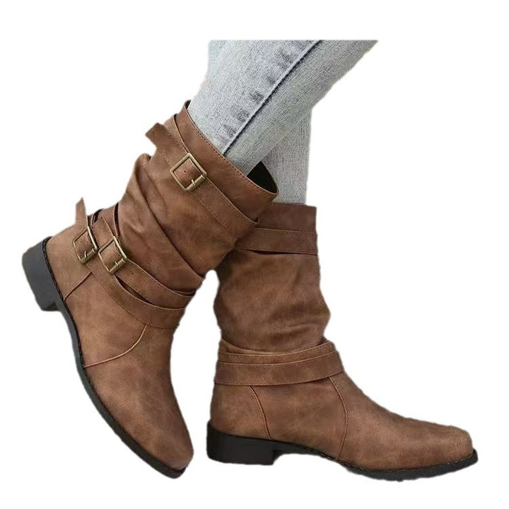 Women's casual mid-calf boots with soft slouch effect, decorative buckle straps and sturdy block heel Mune Fashion