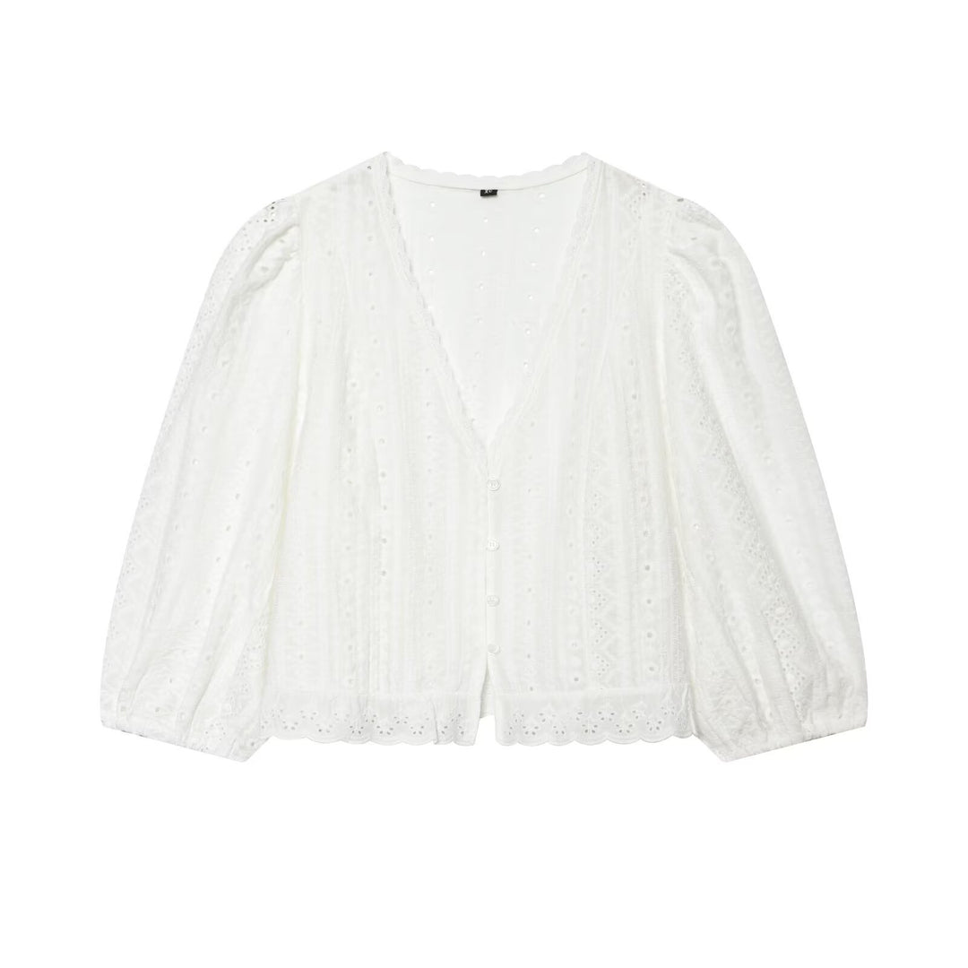 Women's cotton lace cardigan with V-neck, button placket and balloon sleeves Mune Fashion