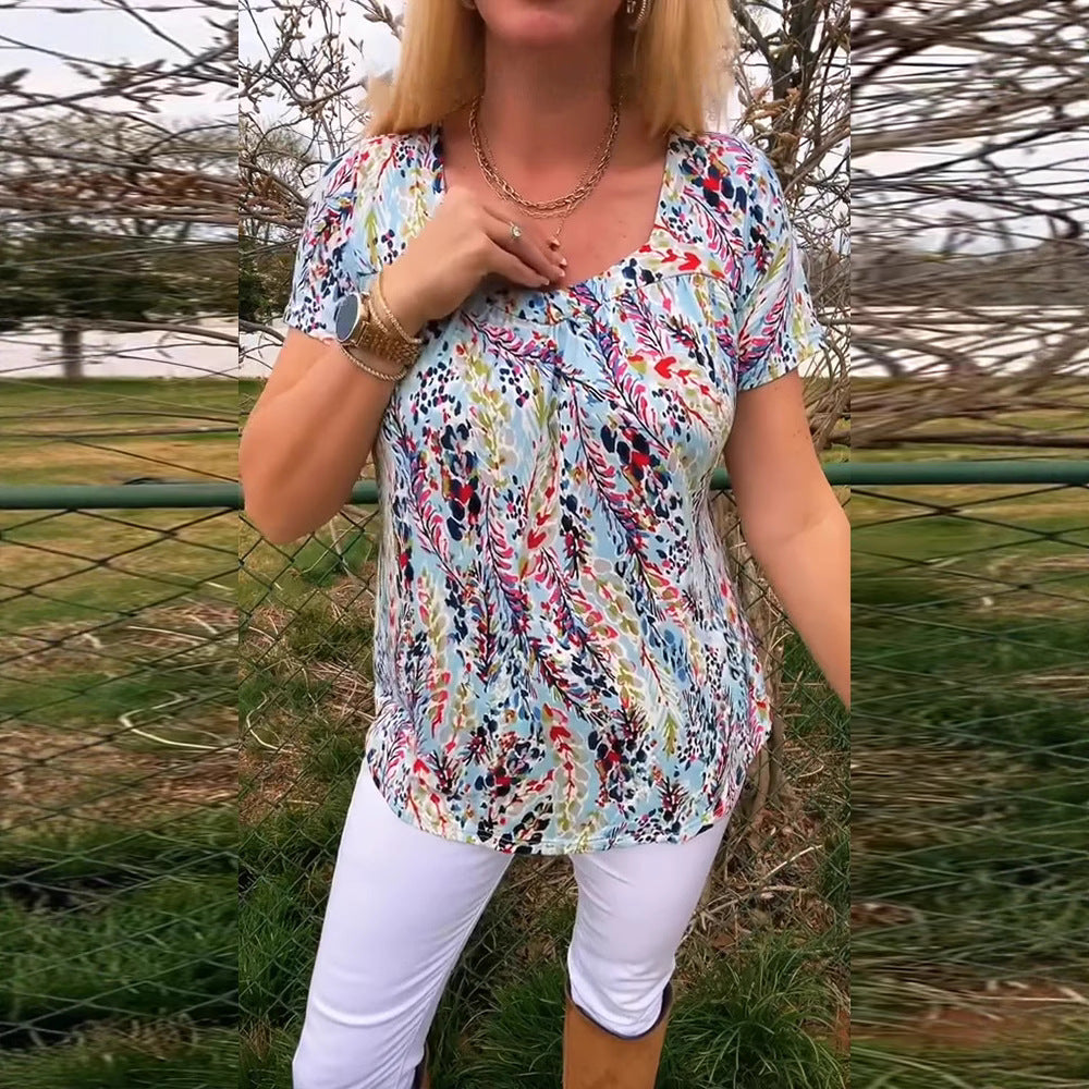 Women's lightweight floral round neck printed shirt with bust pleats and casual hip length Mune Fashion