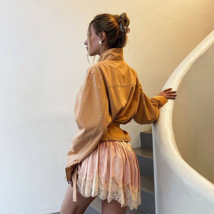 Women's satin lace mini skirt with luxurious shine and delicate lace trim Mune Fashion