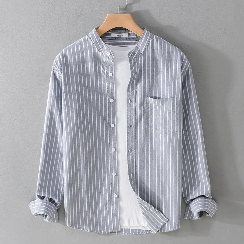 Men's Lightweight Stand Collar Long Sleeve Shirt made of Cotton Blend with Fine Pinstripe and Chest Pocket Mune Fashion