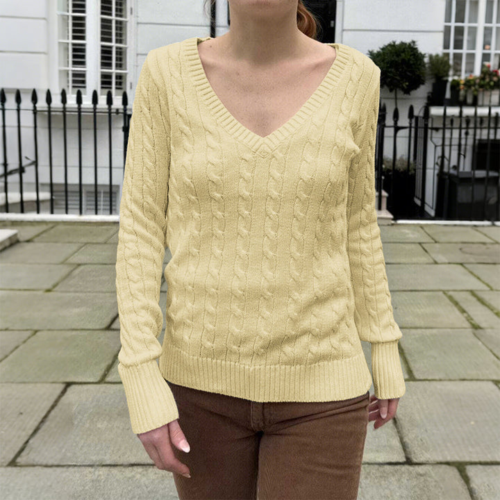 Women's fine knit pullover with cable pattern, deep V-neck and narrow waistband fit Mune Fashion