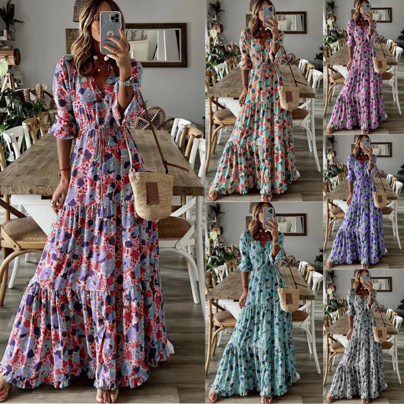 Women’s maxi dress with floral print, V-neck, tiered ruffle and drawstring waist Mune Fashion