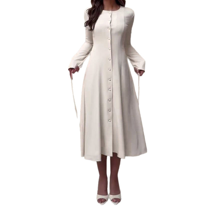 Women's Long Sleeve Midi Dress in A-Line Cut with Continuous Button Placket Mune Fashion