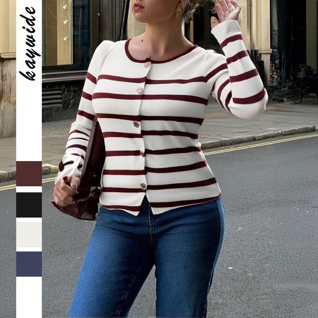 Women's striped fine knit cardigan with round neck, fitted silhouette, and decorative buttons Mune Fashion
