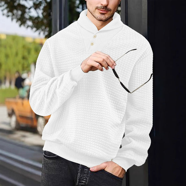 Men's elegant knitted pullover with shawl collar, button placket at neckline and check waffle texture Mune Fashion