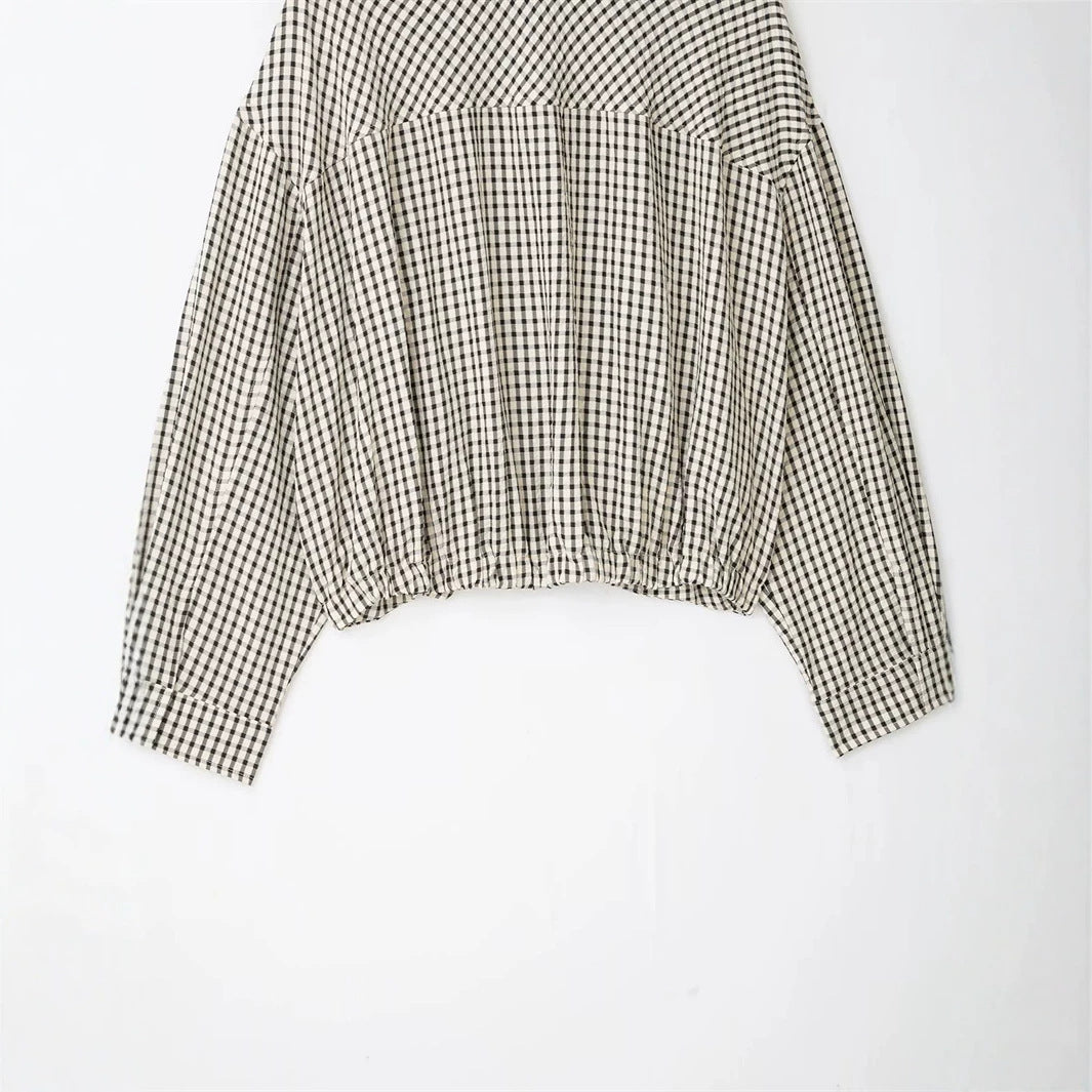 Women's short cropped checkered blouson jacket with stand-up collar, elastic hem and hidden zipper Mune Fashion
