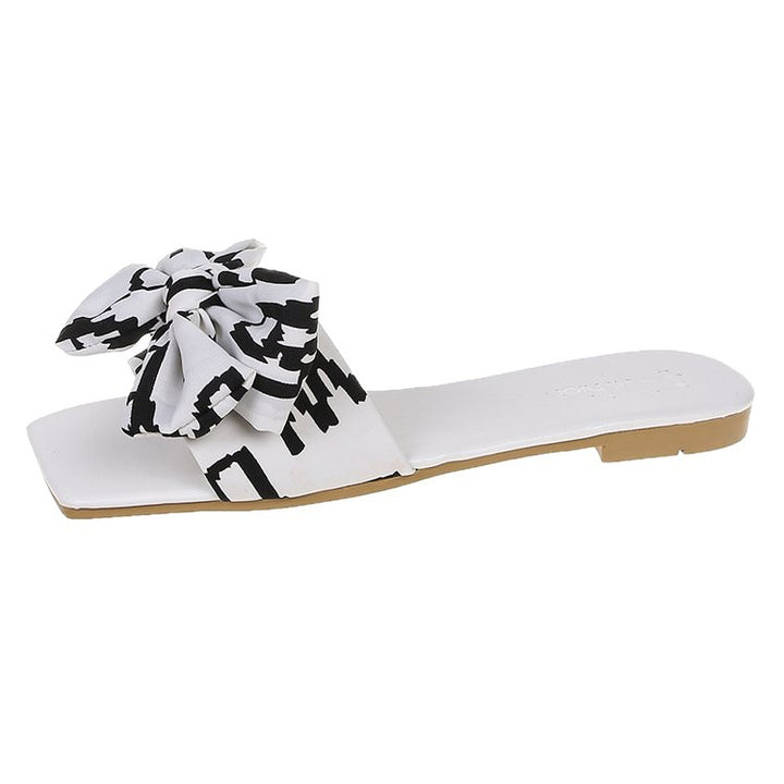 Women's Flat Strap Slides with Large Fabric Knot and Square Toe Party Mune Fashion