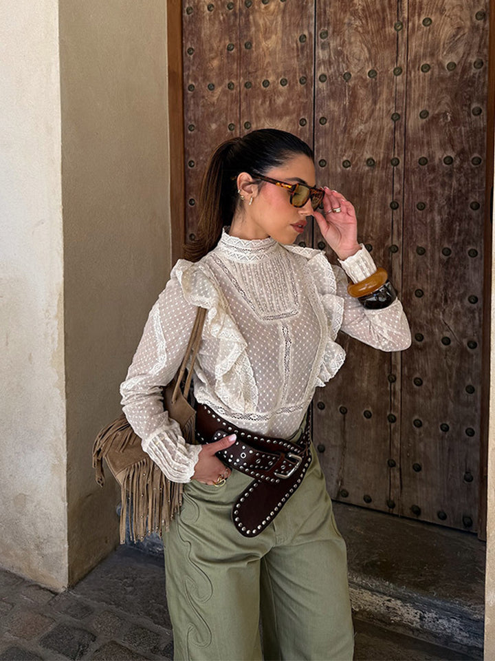 Women's Transparent Dobby Lace Blouse with High Stand-Up Collar, Ruffles & Button Cuffs Mune Fashion