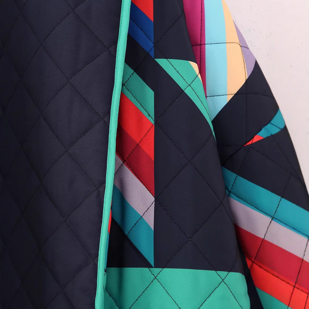 Women's Oversized Quilted Kimono Jacket with Geometric Color Block Print and Wide Sleeve Cut Mune Fashion