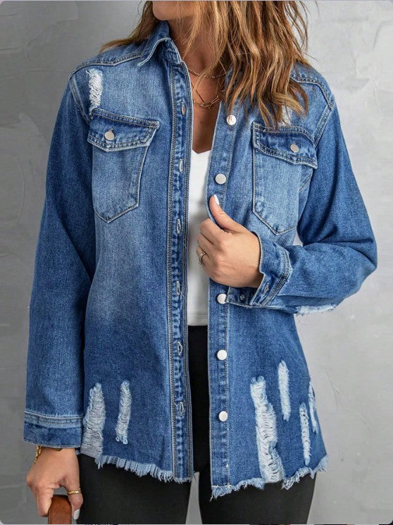Women Casual Oversized Denim Jacket with Destroyed Details, Shirt Collar and Fringed Hem Mune Fashion