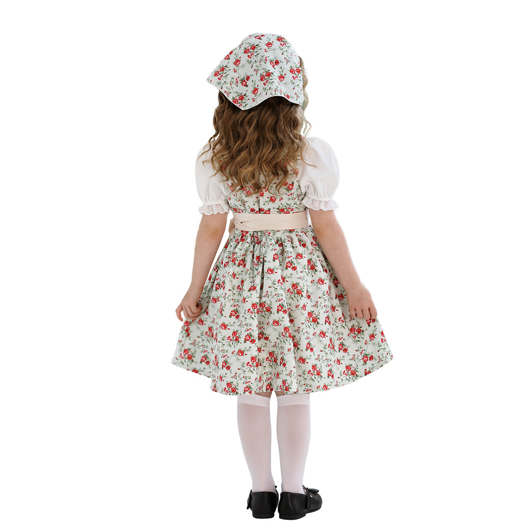 Ladies' traditional Dirndl dress for girls with embroidered apron, ruffle collar, and matching headscarf Mune Fashion